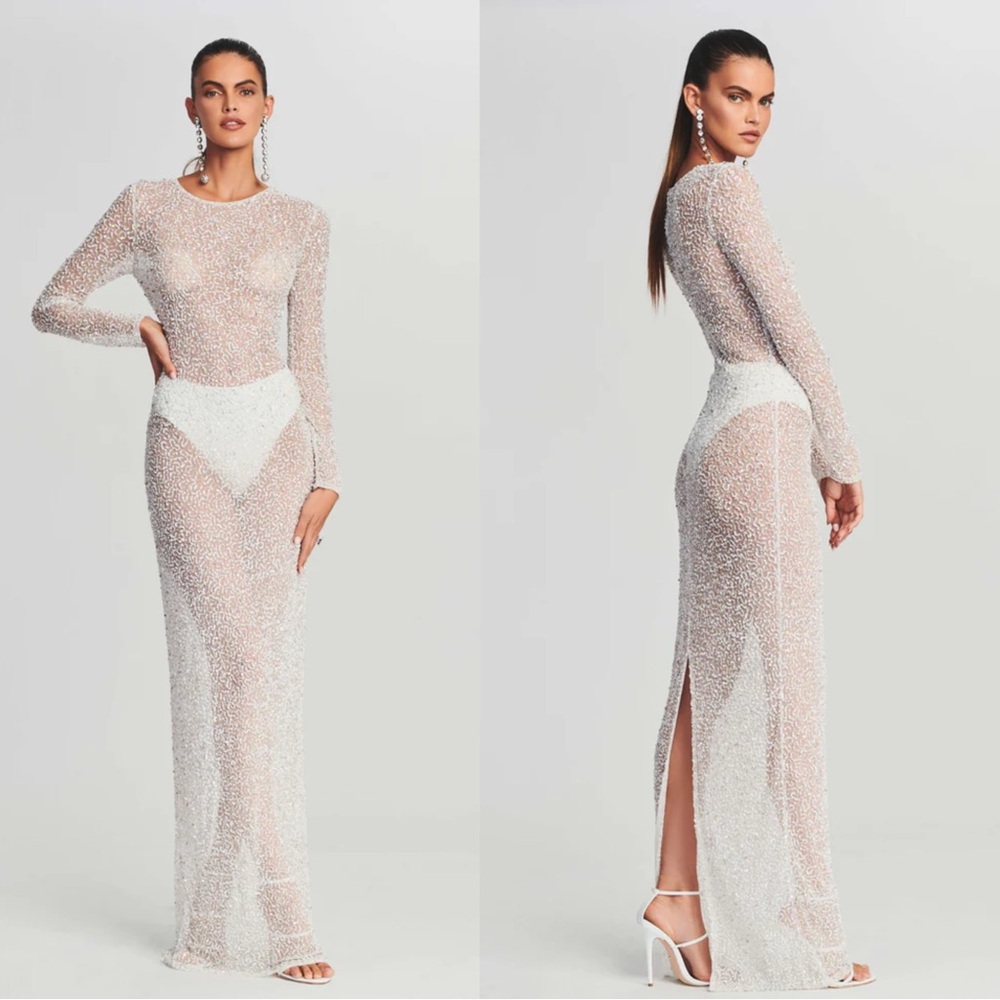 RETROFÊTE Heidi Sequin Long Sleeve Gown - White Sheer Microbeaded
